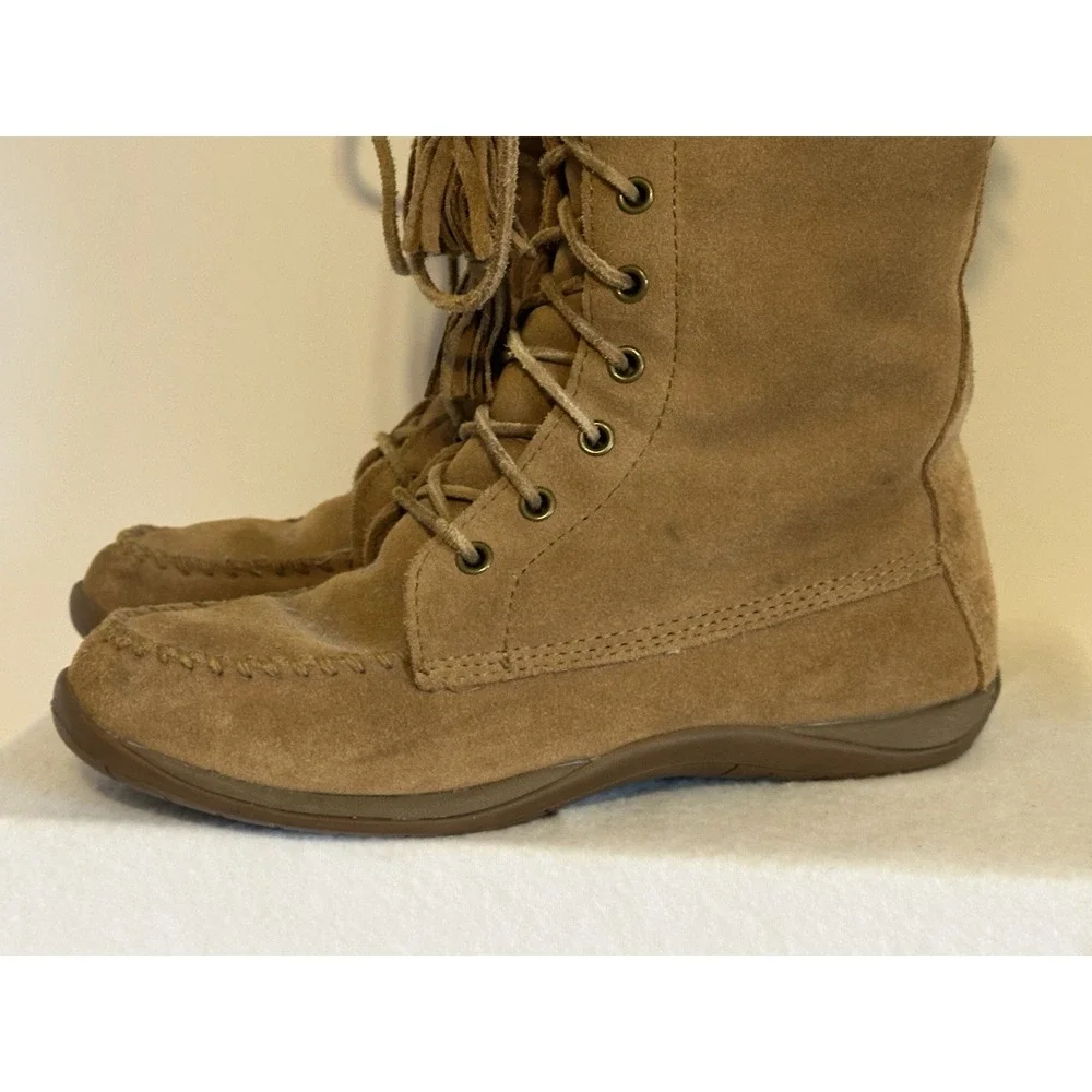 L L Bean Suede Leather Tan Tassel Fringe Sheepskin Lined Winter Boots Size 7‎ M